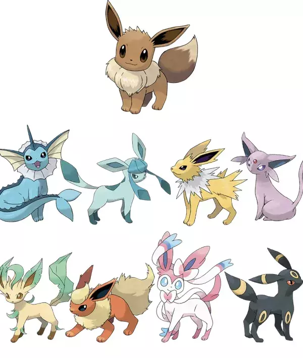 Évolution multiple d'Evoli : Aquali, Voltali, Pyroli, Mentali, Noctali, Phyllali, Givrali, Nymphali
