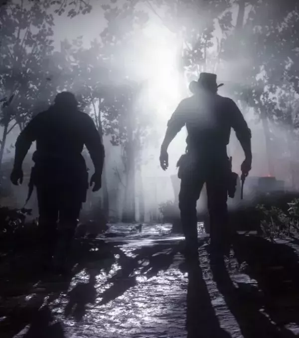 Red Dead Redemption 2 : cowboys et faisceaux lumineux