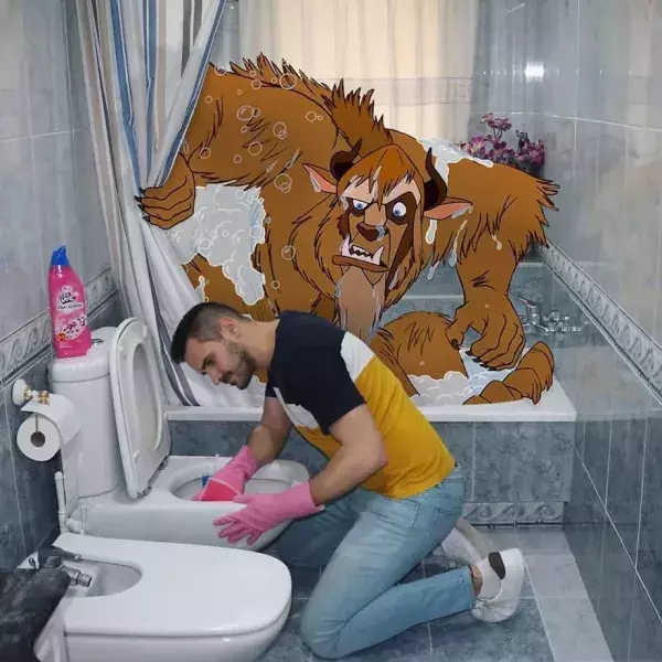 Bon courage pour réussir à faire prendre son bain à La Bête (La Belle et la Bête)                
